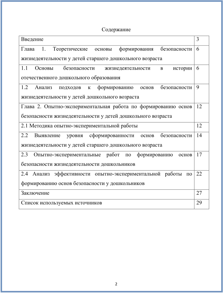 Образец оформления содержания дипломной работы